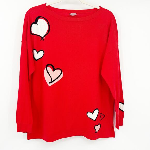 Chicos Womens Romantic Valentines Day Knit Floating Hearts Sweater Size M Red - Picture 2 of 7